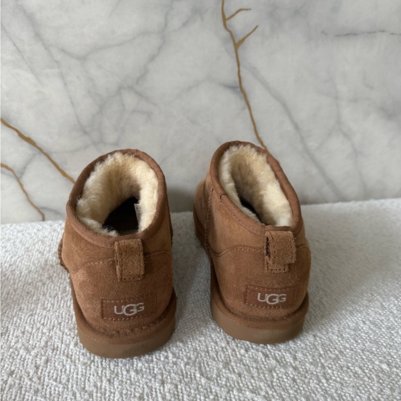 UGG “Classic Ultra Mini” Women UGG Classic Ultra Mini Tan Suede Boots with Shearling